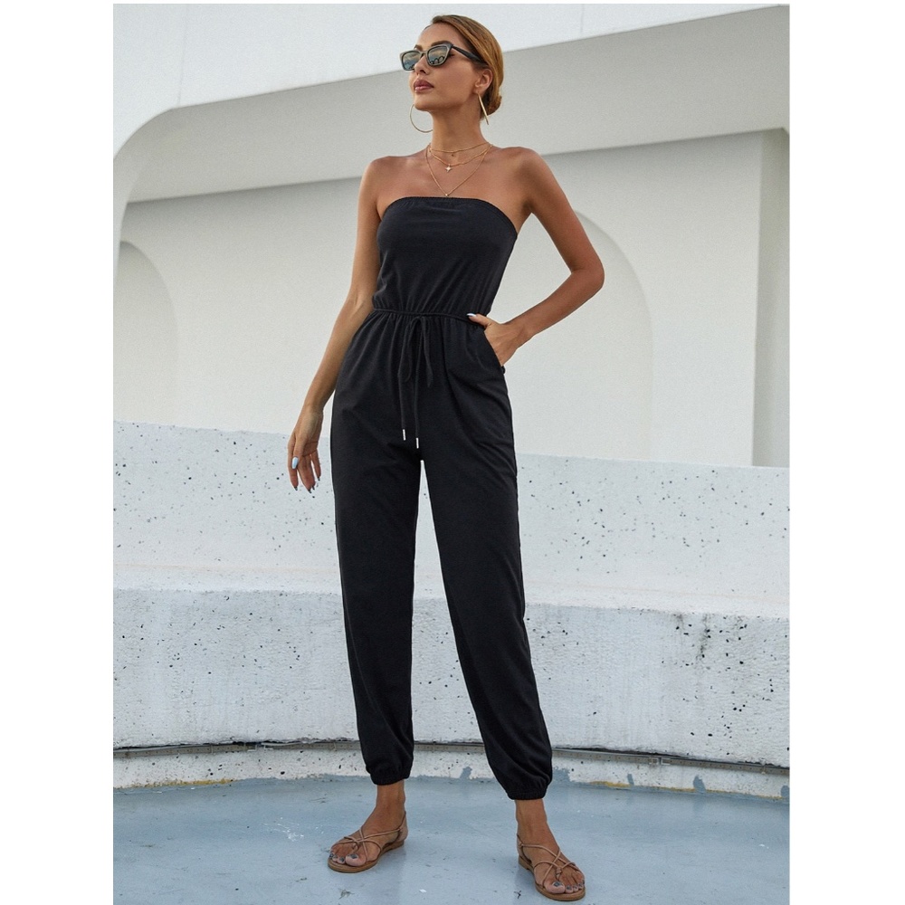 Strapless Tube Top Drawstring Black Jumpsuit - Picture 5 of 9